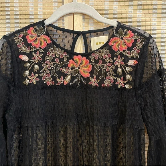 Maeve Floral Dress Women’s S Embroidered Whimsigoth Sheer Smocked Black Lace - Picture 4 of 13